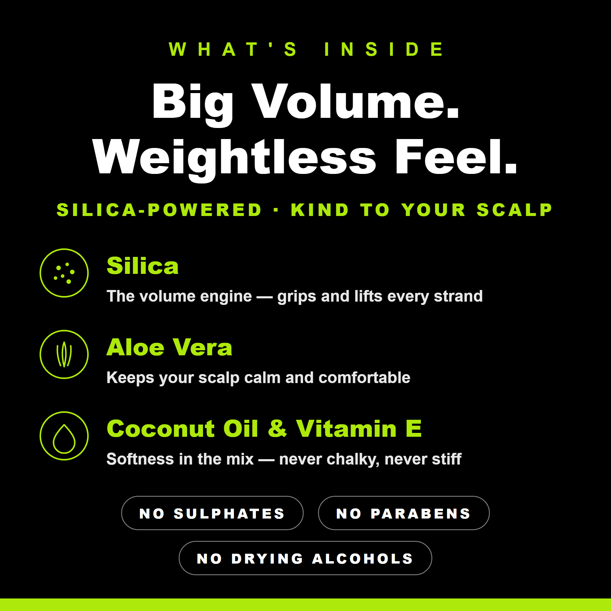 What's inside — silica, aloe vera, coconut oil and vitamin E
